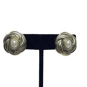 Vintage Gold Tone Swirl Clip-On Earrings With Faux Pearl Accent (5543)